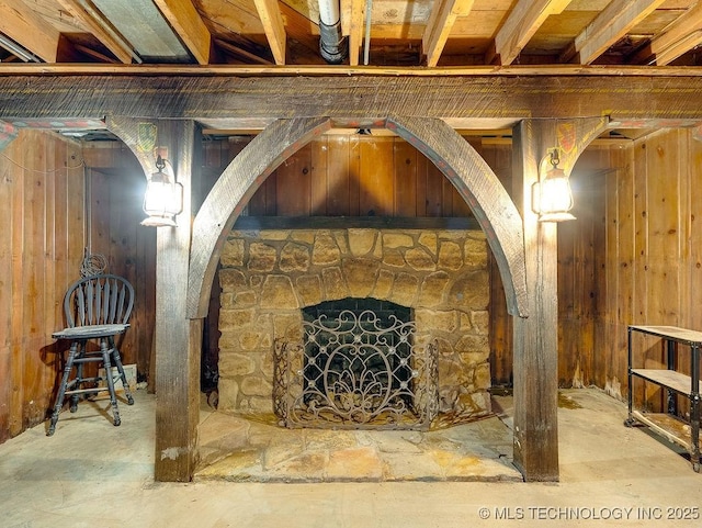detailed view of wooden walls and a fireplace