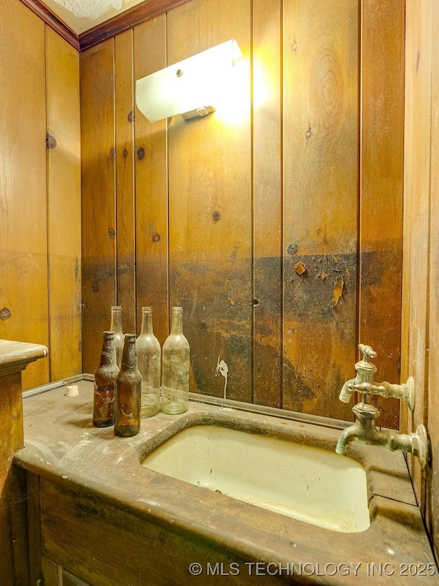 bathroom featuring a sink and wood walls