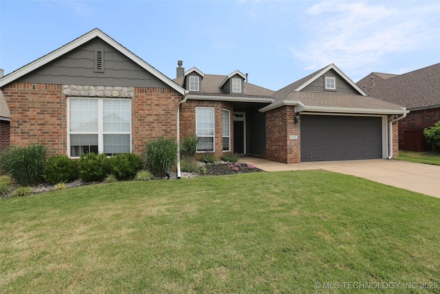 3983 S 216th E Ave, Broken Arrow, OK 74014 - ranch-style house with brick siding, driveway, an attached garage, a front lawn, and a chimney