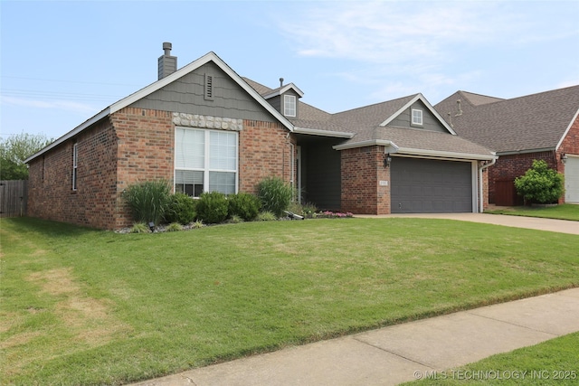 3983 S 216th E Ave, Broken Arrow, OK 74014 - view of front facade featuring brick siding, driveway, an attached garage, a chimney, and a shingled roof
