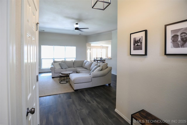 3983 S 216th E Ave, Broken Arrow, OK 74014 - living area featuring ceiling fan and dark wood-type flooring