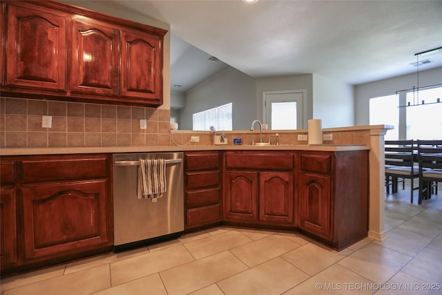 3983 S 216th E Ave, Broken Arrow, OK 74014 - kitchen featuring dishwasher, a sink, a peninsula, decorative backsplash, and light countertops