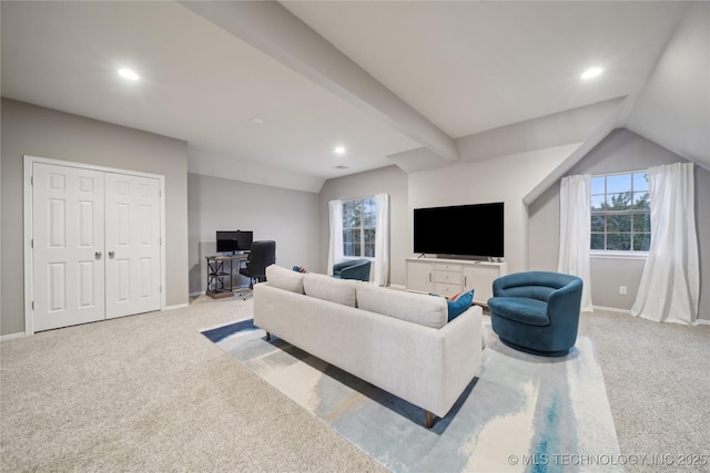 living room featuring carpet flooring, a desk, baseboards, recessed lighting, and plenty of natural light