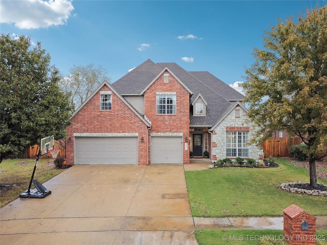 traditional-style home featuring a garage, concrete driveway, brick siding, roof with shingles, and stone siding