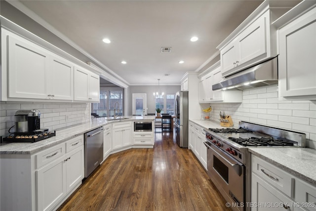 kitchen with appliances with stainless steel finishes, under cabinet range hood, crown molding, a peninsula, and white cabinetry