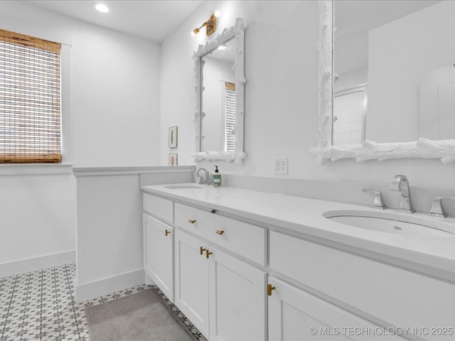 40 Center Ln N, Carlton Landing, OK 74432 - bathroom featuring double vanity, tile patterned floors, and recessed lighting