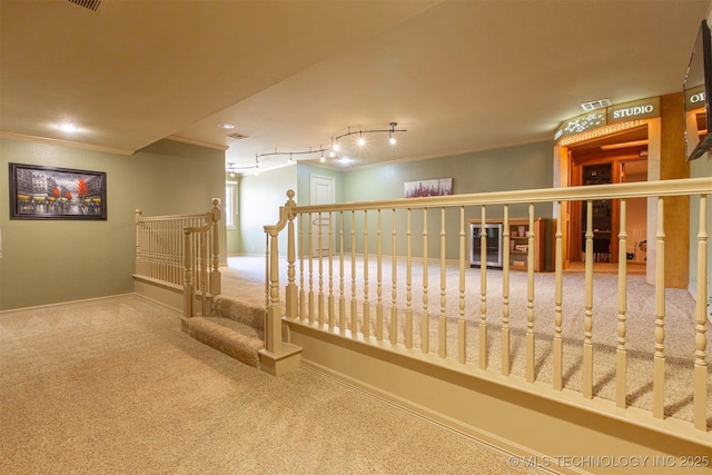 3107 E 88th St, Tulsa, OK 74137 - stairway featuring crown molding, carpet, and baseboards