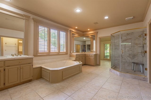 3107 E 88th St, Tulsa, OK 74137 - bathroom featuring ornamental molding, a garden tub, a stall shower, two vanities, and tile patterned floors