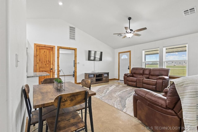 11879 Sandy Acres Trl, Kingston, OK 73439 - living room featuring a ceiling fan, light carpet, and high vaulted ceiling