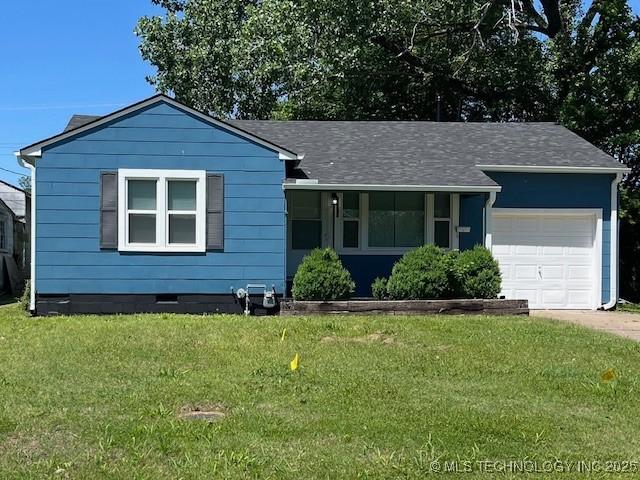 1621 S Maple, Bartlesville, OK 74003 - ranch-style home with an attached garage, a front yard, roof with shingles, driveway, and crawl space