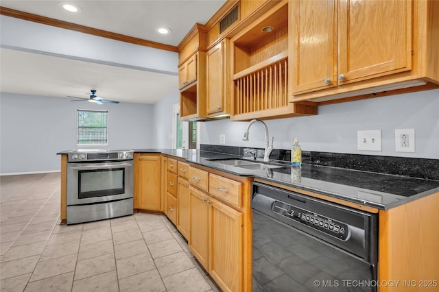 1919 NW 10th St, Ardmore, OK 73401 - kitchen with black dishwasher, stainless steel electric stove, a sink, a peninsula, and open shelves