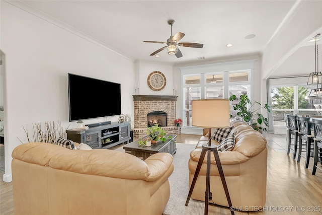 5412 E 122nd St S, Bixby, OK 74008 - living area with a ceiling fan, a fireplace, crown molding, and baseboards