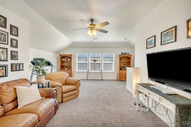 5412 E 122nd St S, Bixby, OK 74008 - living area with light colored carpet, ceiling fan, lofted ceiling, baseboards, and recessed lighting