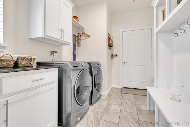 5412 E 122nd St S, Bixby, OK 74008 - washroom featuring washing machine and dryer, light marble finish floors, cabinet space, and baseboards