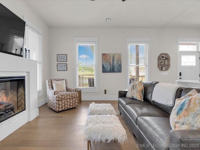 42 Redbud St, Carlton Landing, OK 74432 - living area with wood finished floors, a warm lit fireplace, and baseboards