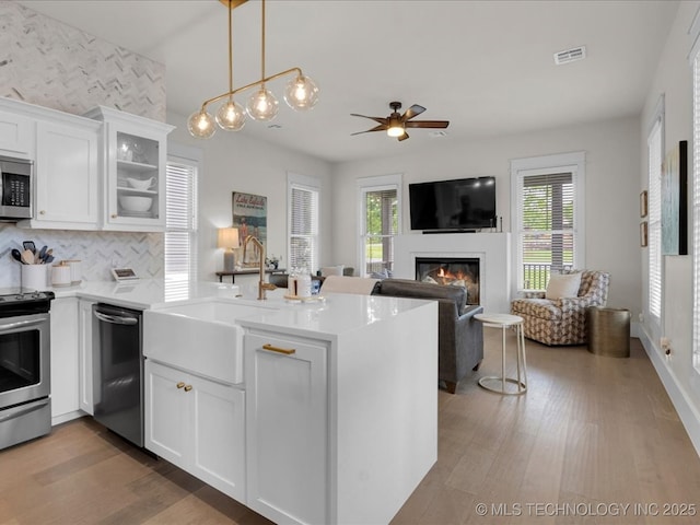 42 Redbud St, Carlton Landing, OK 74432 - kitchen featuring appliances with stainless steel finishes, a peninsula, light wood-type flooring, a glass covered fireplace, and a ceiling fan