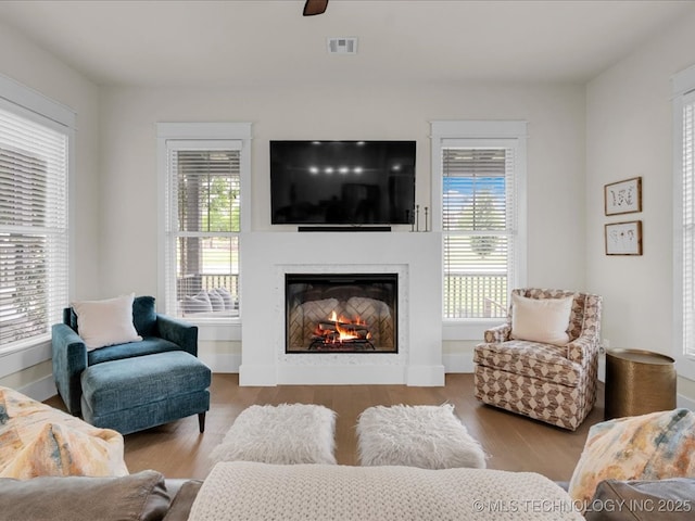 42 Redbud St, Carlton Landing, OK 74432 - living area with plenty of natural light, wood finished floors, a glass covered fireplace, and a ceiling fan