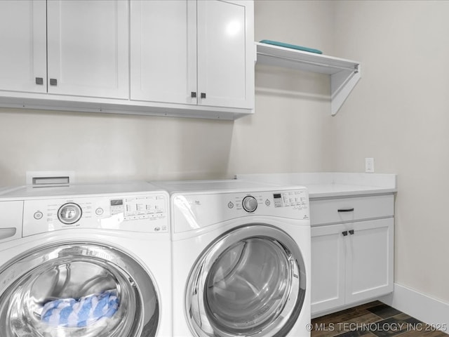 42 Redbud St, Carlton Landing, OK 74432 - washroom featuring washing machine and clothes dryer, cabinet space, and dark wood-style flooring