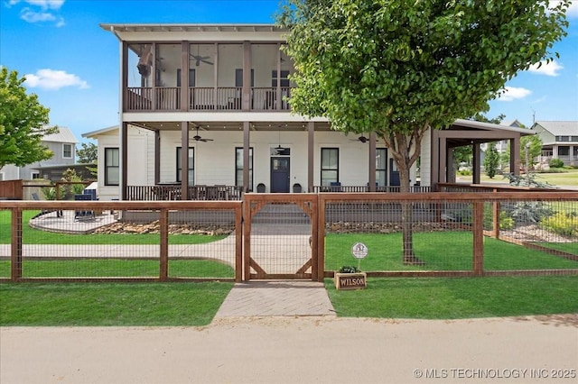 42 Redbud St, Carlton Landing, OK 74432 - view of front of home with a ceiling fan, a gate, and covered porch