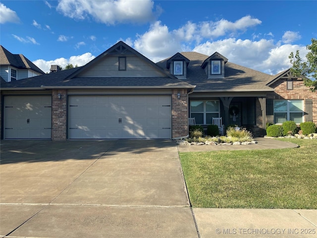2025 E 134th St S, Bixby, OK 74008 - view of front of house featuring brick siding, a garage, a front yard, concrete driveway, and roof with shingles