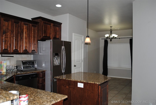2025 E 134th St S, Bixby, OK 74008 - kitchen featuring dishwasher, light tile patterned flooring, tasteful backsplash, a chandelier, and a center island