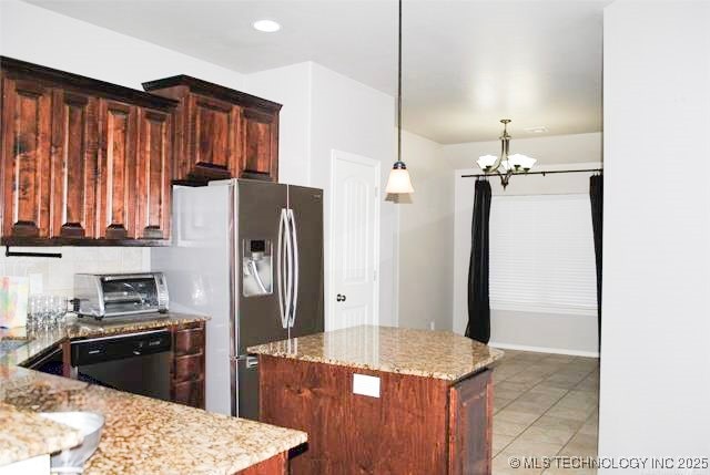 2025 E 134th St S, Bixby, OK 74008 - kitchen with dishwasher, a chandelier, light stone countertops, light tile patterned flooring, and a kitchen island