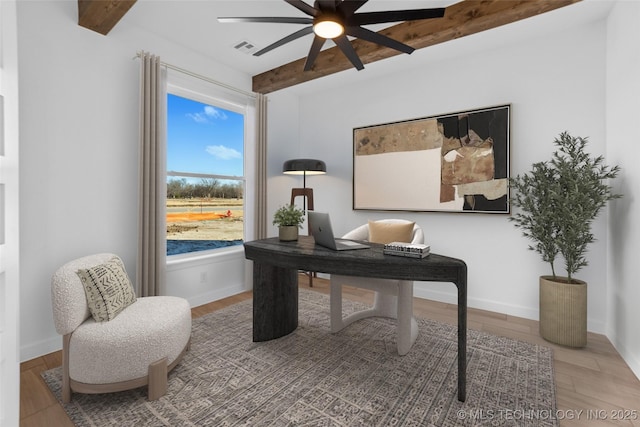 16306 E 102nd St, Owasso, OK 74055 - home office featuring beam ceiling, a ceiling fan, wood finished floors, and baseboards