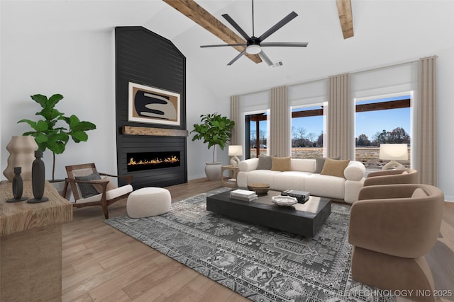 16306 E 102nd St, Owasso, OK 74055 - living room with light wood-style floors, a ceiling fan, a fireplace, and high vaulted ceiling