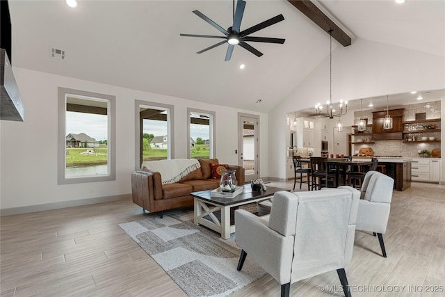 18258 S Clear Creek Ct, Claremore, OK 74017 - living room featuring a ceiling fan, beamed ceiling, a chandelier, high vaulted ceiling, and light wood-style flooring