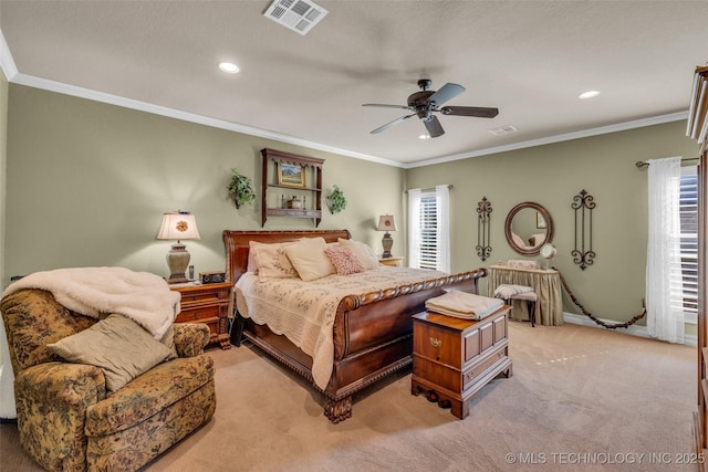 10942 S 93rd E Ave, Bixby, OK 74133 - bedroom with light carpet, multiple windows, ornamental molding, recessed lighting, and a ceiling fan