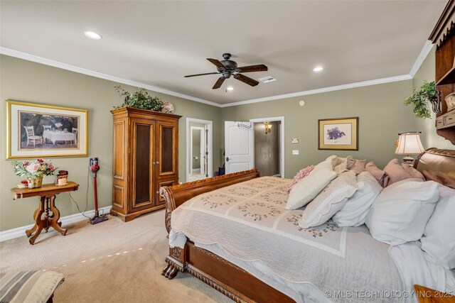 10942 S 93rd E Ave, Bixby, OK 74133 - bedroom with light colored carpet, baseboards, crown molding, recessed lighting, and ceiling fan