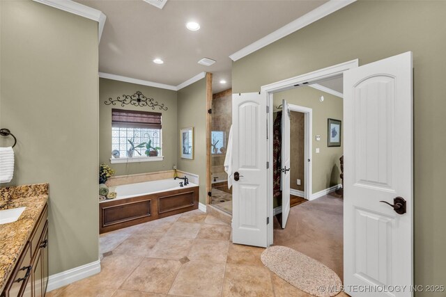 10942 S 93rd E Ave, Bixby, OK 74133 - bathroom featuring ornamental molding, a shower stall, a bath, vanity, and recessed lighting