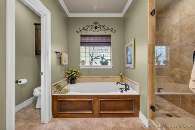 10942 S 93rd E Ave, Bixby, OK 74133 - bathroom featuring a shower stall, a bath, toilet, tile patterned floors, and crown molding
