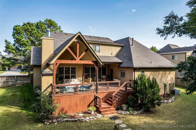 10942 S 93rd E Ave, Bixby, OK 74133 - rear view of property featuring stucco siding, a shingled roof, a chimney, a deck, and stairway