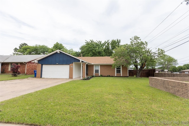 ranch-style house with an attached garage, board and batten siding, driveway, and brick siding