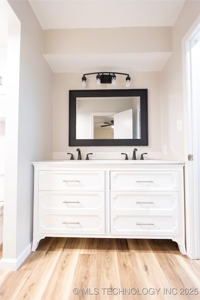 bathroom view of double vanity and wood finished floors