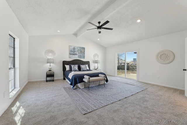 523 W Toledo Pl, Broken Arrow, OK 74012 - bedroom with access to exterior, carpet flooring, a textured ceiling, a ceiling fan, and baseboards