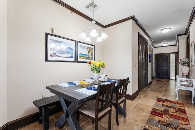 25 Grand Lake Dr Unit 3B, Afton, OK 74331 - dining room featuring ornamental molding, a chandelier, light tile patterned flooring, and baseboards