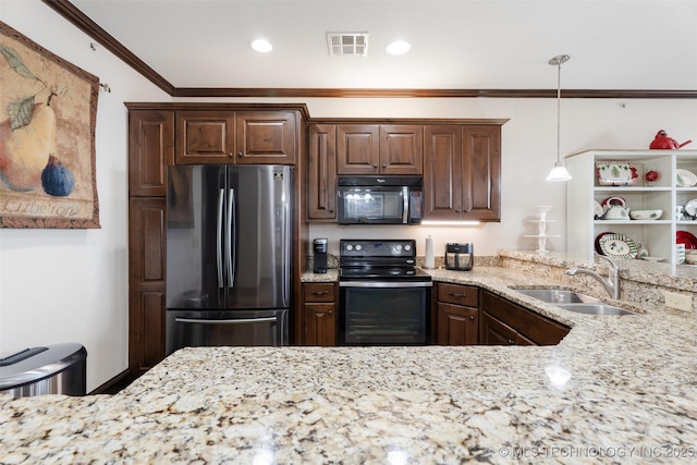 25 Grand Lake Dr Unit 3B, Afton, OK 74331 - kitchen featuring freestanding refrigerator, black microwave, stainless steel electric stove, a sink, and ornamental molding