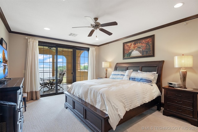 25 Grand Lake Dr Unit 3B, Afton, OK 74331 - bedroom featuring crown molding, light colored carpet, access to exterior, recessed lighting, and a ceiling fan