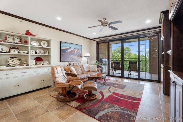 25 Grand Lake Dr Unit 3B, Afton, OK 74331 - living area with crown molding, ceiling fan, light tile patterned floors, and recessed lighting