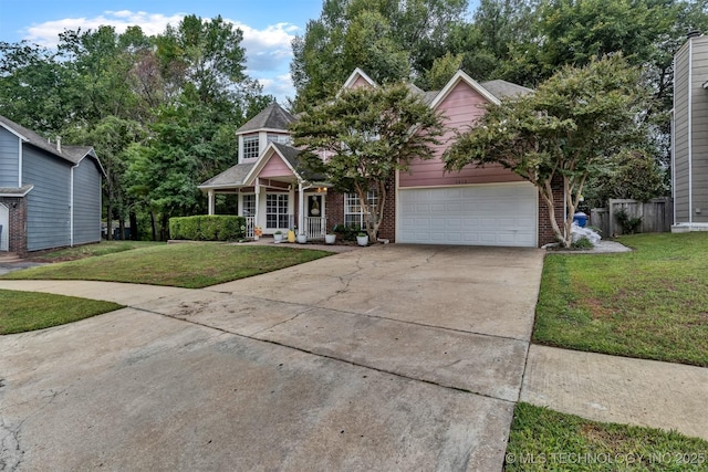 view of front of home with concrete driveway, brick siding, a porch, and an attached garage
