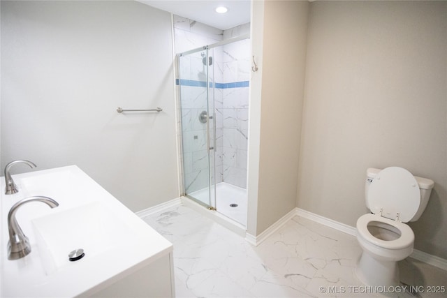 4024 E 25th St, Tulsa, OK 74114 - full bath with a marble finish shower, baseboards, marble look tile flooring, and recessed lighting