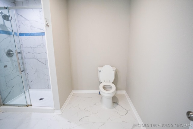 4024 E 25th St, Tulsa, OK 74114 - bathroom featuring marble look tiles, a marble finish shower, baseboards, and toilet