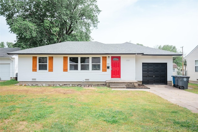 4024 E 25th St, Tulsa, OK 74114 - ranch-style home with an attached garage, driveway, a front lawn, and roof with shingles