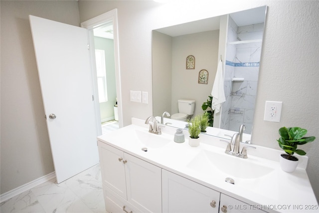 4024 E 25th St, Tulsa, OK 74114 - bathroom featuring toilet, double vanity, a marble finish shower, and marble look tiles