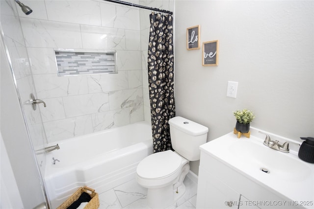 4024 E 25th St, Tulsa, OK 74114 - full bathroom featuring shower / tub combo, marble finish floors, toilet, vanity, and baseboards