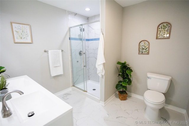 4024 E 25th St, Tulsa, OK 74114 - bathroom featuring toilet, a marble finish shower, marble look tiles, baseboards, and vanity