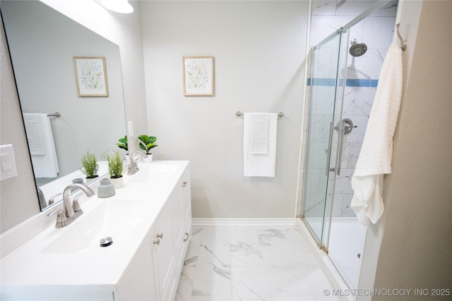 4024 E 25th St, Tulsa, OK 74114 - full bath featuring vanity, marble look tile flooring, a marble finish shower, and baseboards