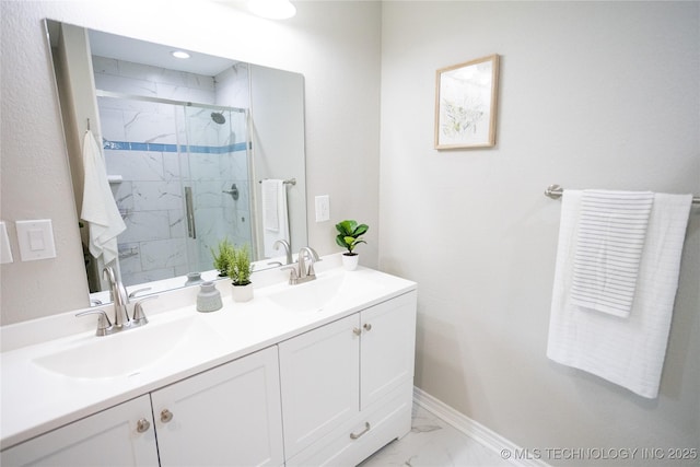 4024 E 25th St, Tulsa, OK 74114 - bathroom with marble finish flooring, double vanity, a marble finish shower, and baseboards